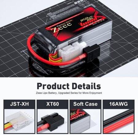 RED 850MAH 4S 14.8V 25C High Power High Quality Model Airplane LIPO Battery JST Female - 3