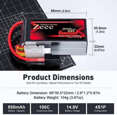 RED 850MAH 4S 14.8V 25C High Power High Quality Model Airplane LIPO Battery T Female - 2