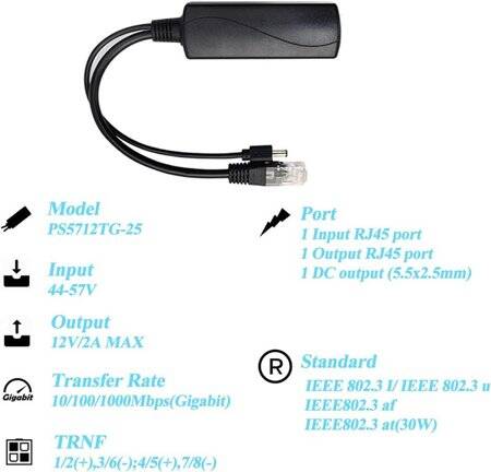 SDAPO Mirco USB Gigabit PoE Splitter 48V To 12V 2A - 4