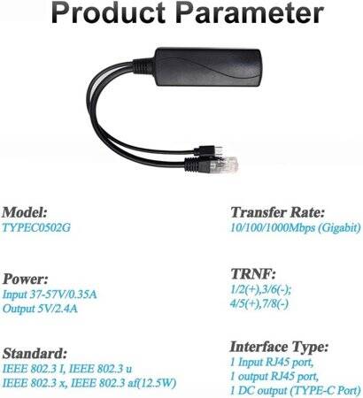 SDAPO TYPEC0502 Type C 100M PoE Splitter 48V To 5V 2.4A - 4