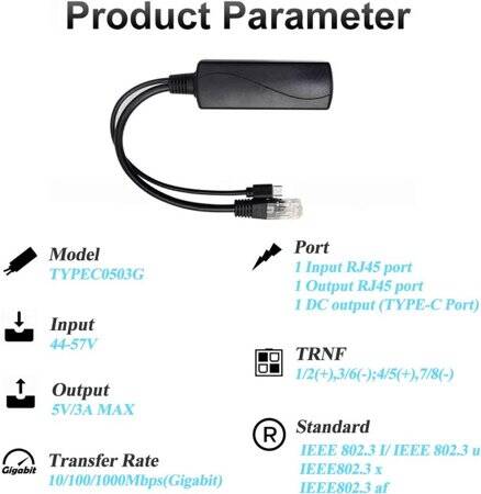 SDAPO TYPEC0503G Type C Gigabit PoE Splitter 48V To 5V 3A - 4