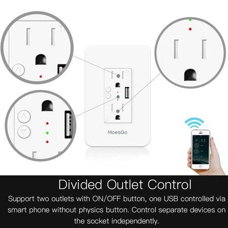 Tuya Smart WiFi Wall Outlets Sockets With Usb Charger 15A Independent Switch Remote Control By Alexa Google Home US Plug - 5