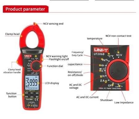 UNI-T UT205 LCD Digital Clamp Multimeter Ohm Dmm DC AC Current Voltmeter With Battery - 5