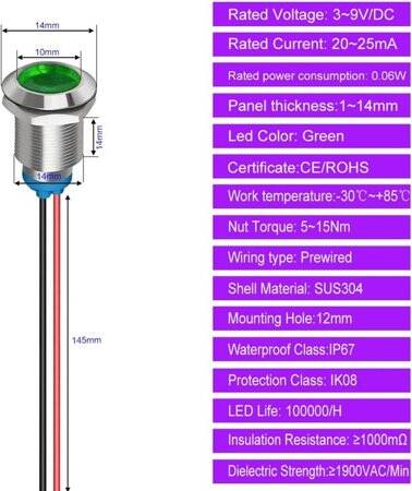 White 3-9V 12mm LED Metal Indicator Light With 15cm Cable - 5