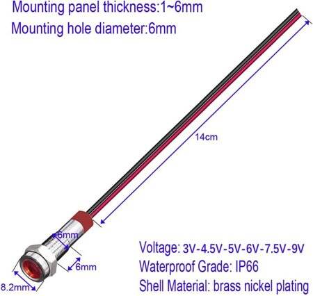 White 3-9V 6mm LED Metal Indicator Light With 15cm Cable - 4