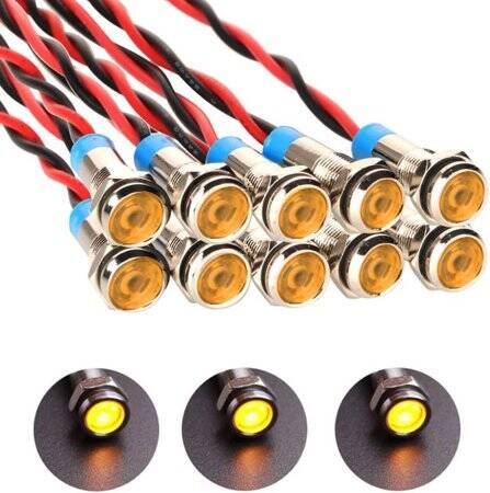 Yellow 10-24V 6mm LED Metal Indicator Light With 15cm Cable - 1