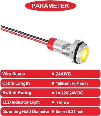 Yellow 10-24V 8mm LED Metal Indicator Light - 2