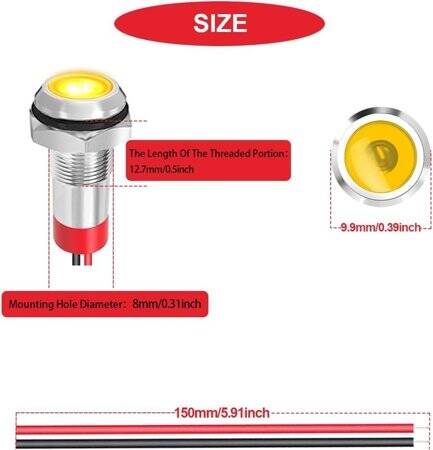 Yellow 10-24V 8mm LED Metal Indicator Light - 4